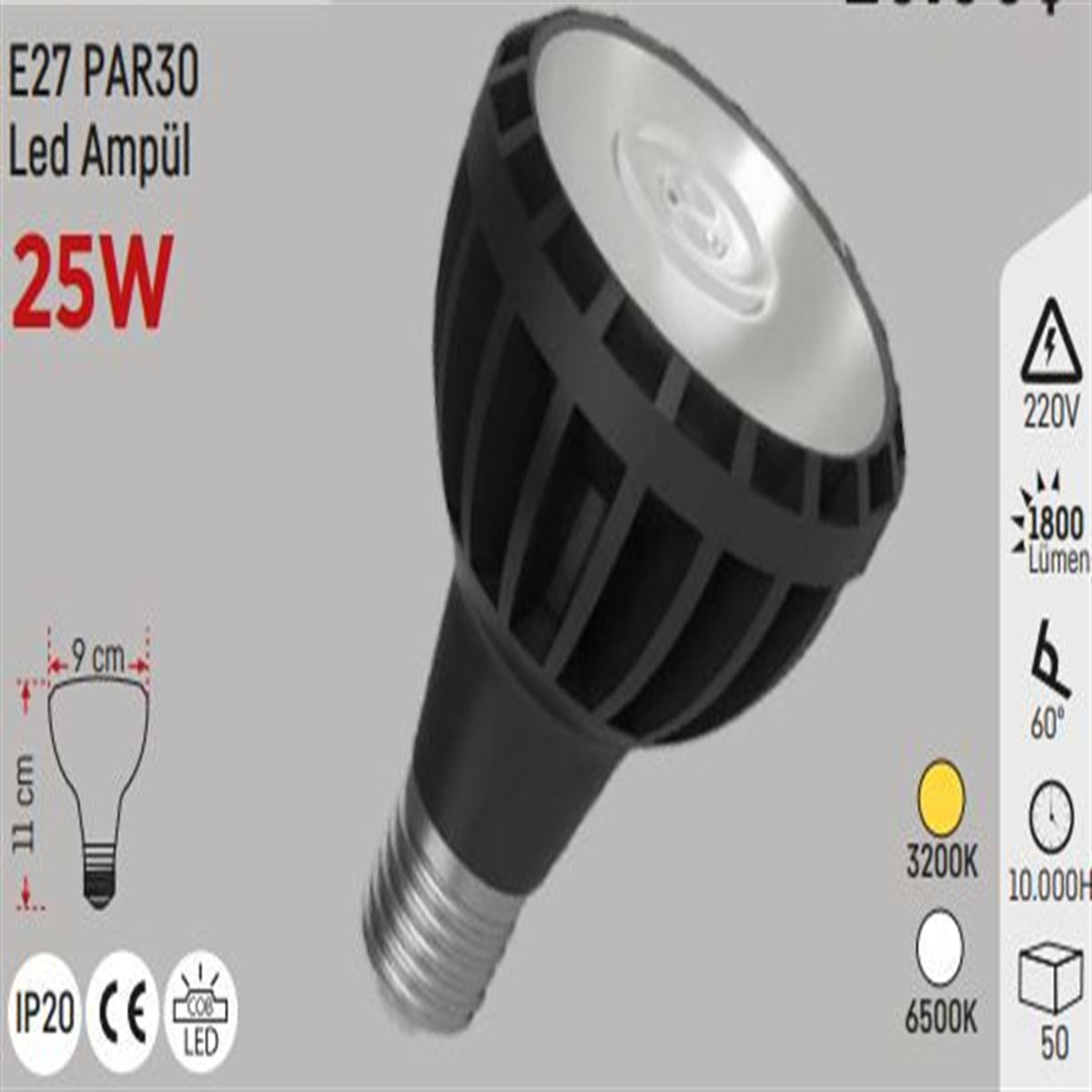 25W PAR30 LED AMPUL E27 SİYAH KASA SİYAH 1